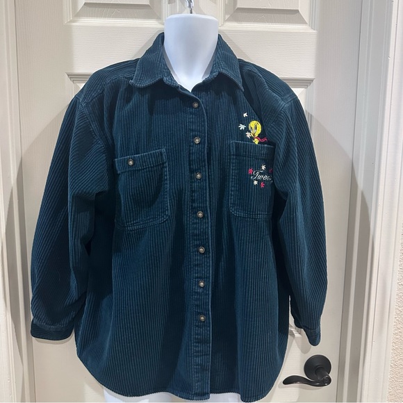 Looney Tunes Mania Tops - Looney Tunes Vintage Embroidered Tweety Bird Green Corduroy Shirt XL